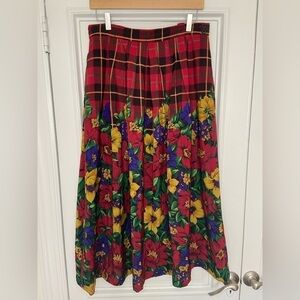 Vintage Laura & Jayne Plaid Floral Red Yellow Black Colorful Midi Skirt Unique